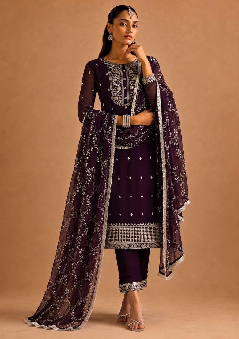 Wine Embroidery Silk Sharara Set - Indya