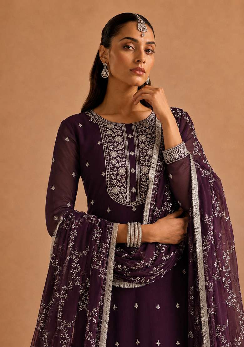 Wine Embroidery Silk Sharara Set - Indya