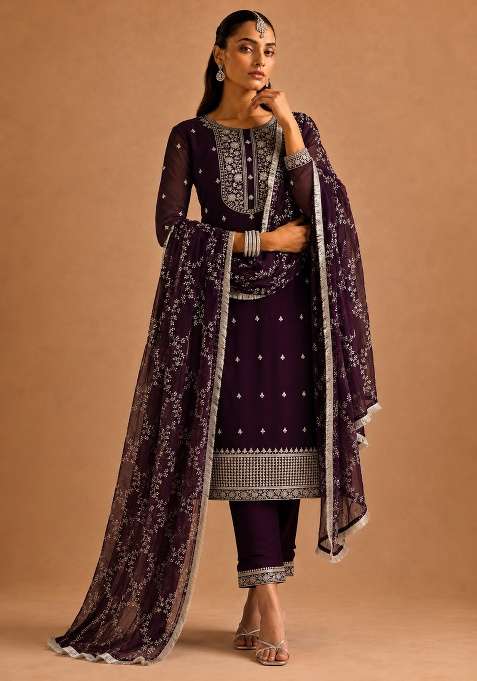 Wine Embroidery Silk Sharara Set