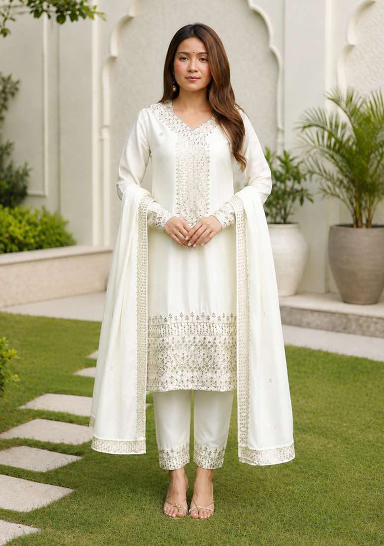 Off White Embroidery Chinon Sharara Set - Indya