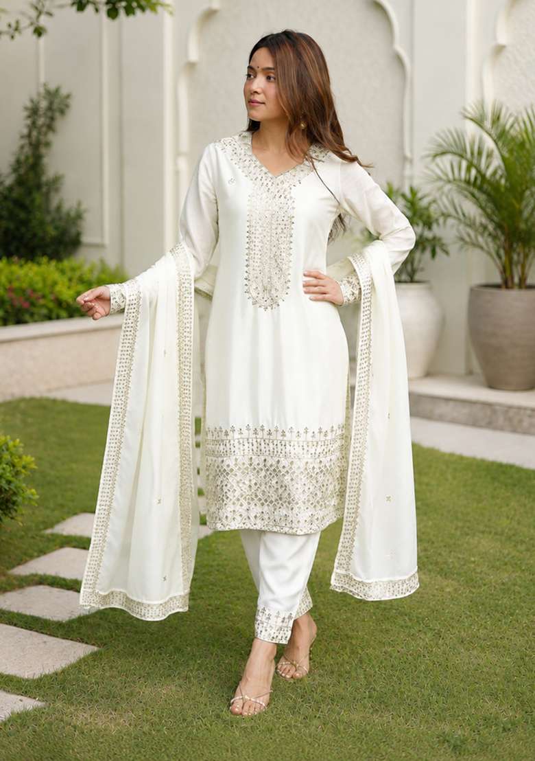 Off White Embroidery Chinon Sharara Set - Indya
