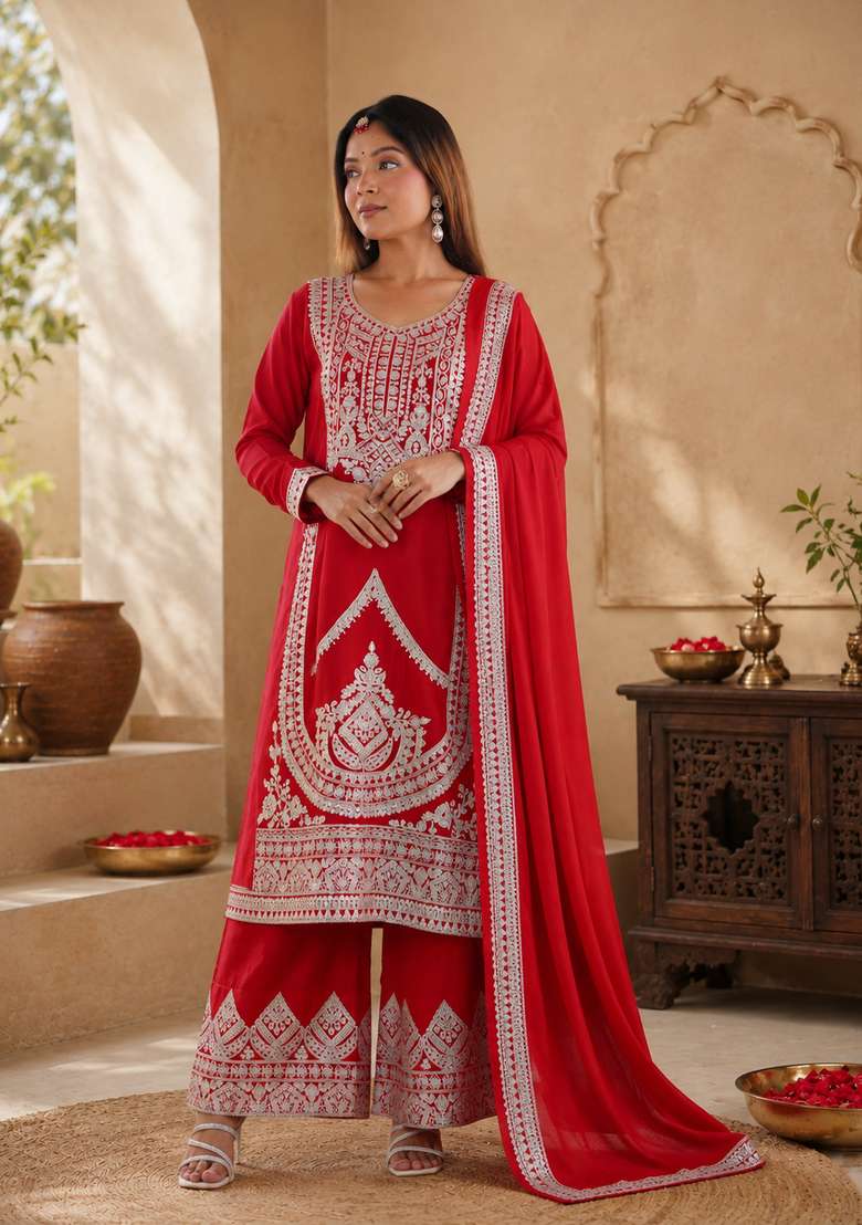 Red Embroidery Silk Sharara Set - Indya
