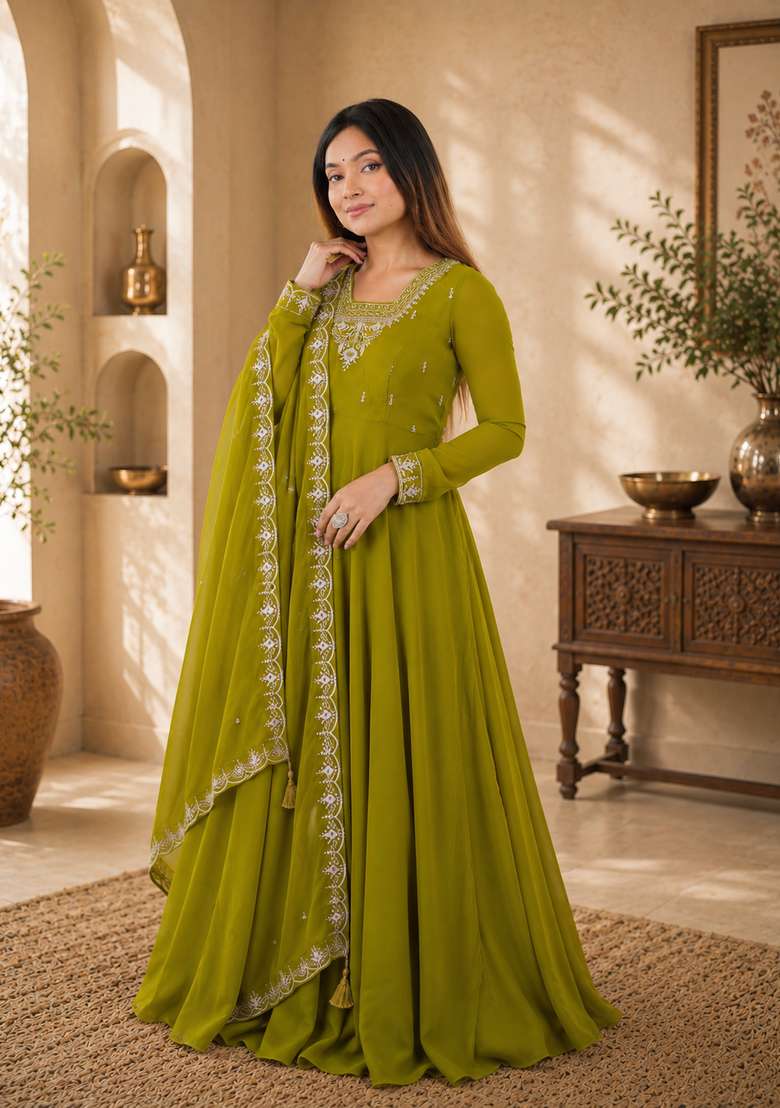 Mehendi Green Embroidery Georgette Sharara Set - Indya
