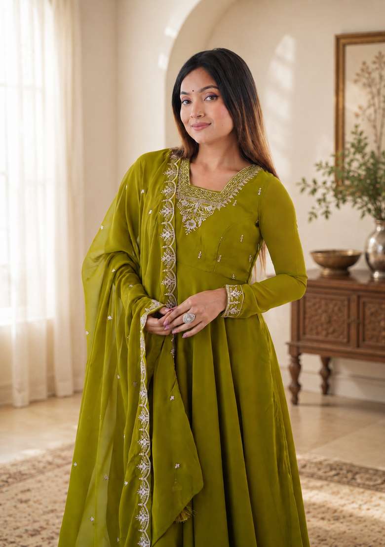 Mehendi Green Embroidery Georgette Sharara Set - Indya