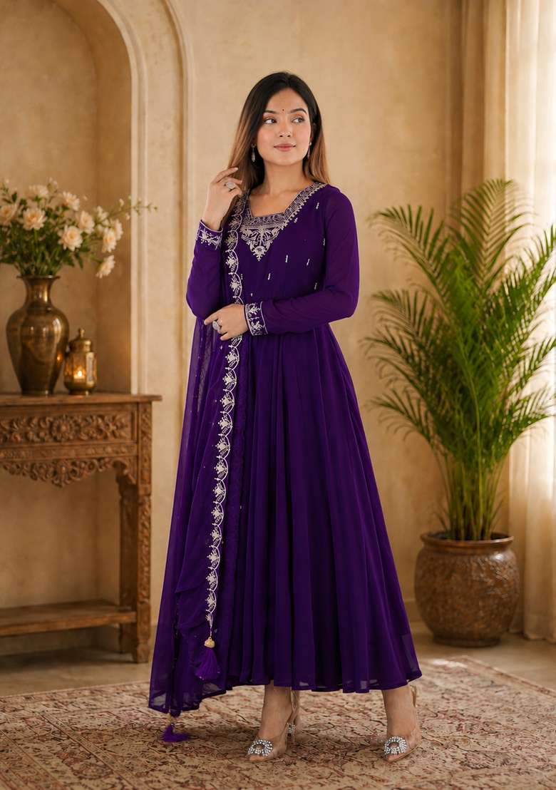 Purple Embroidery Georgette Sharara Set - Indya
