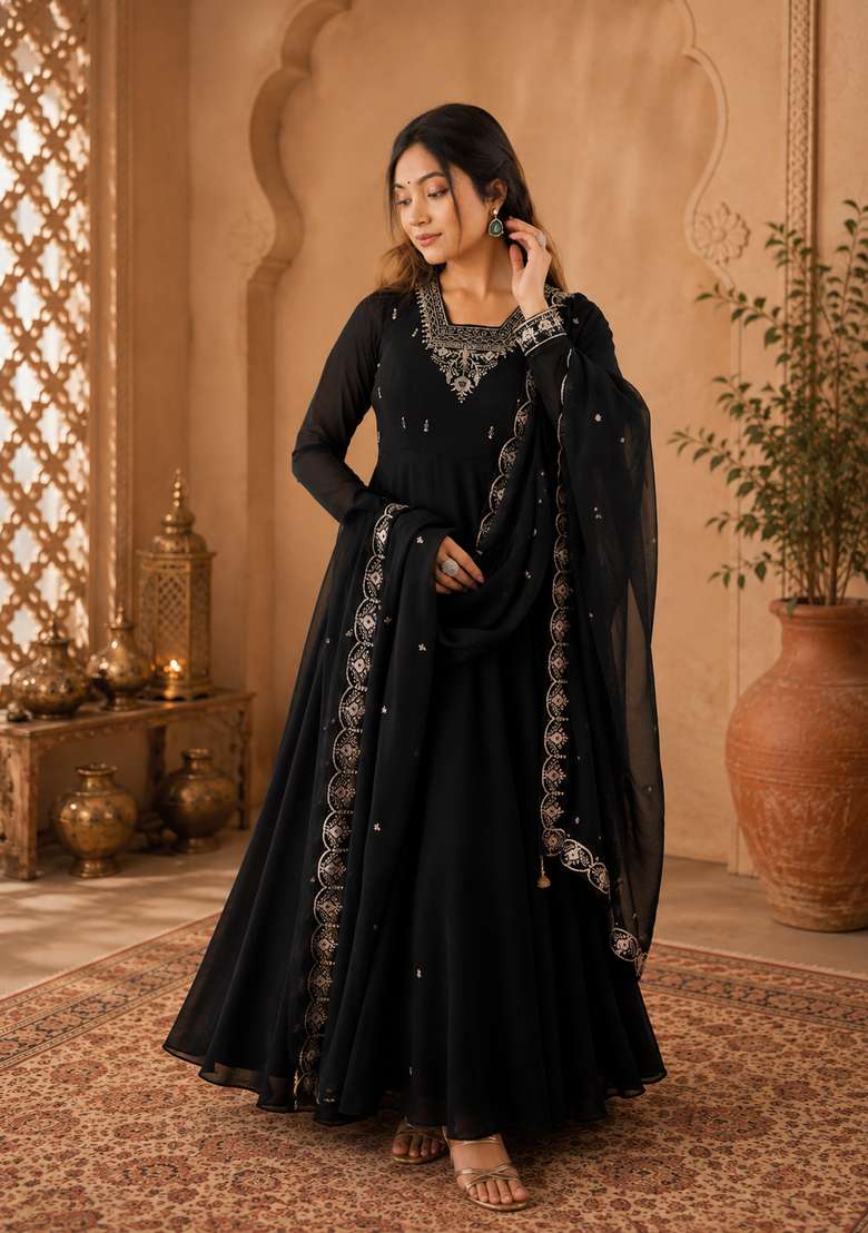 Black Embroidery Georgette Sharara Set - Indya