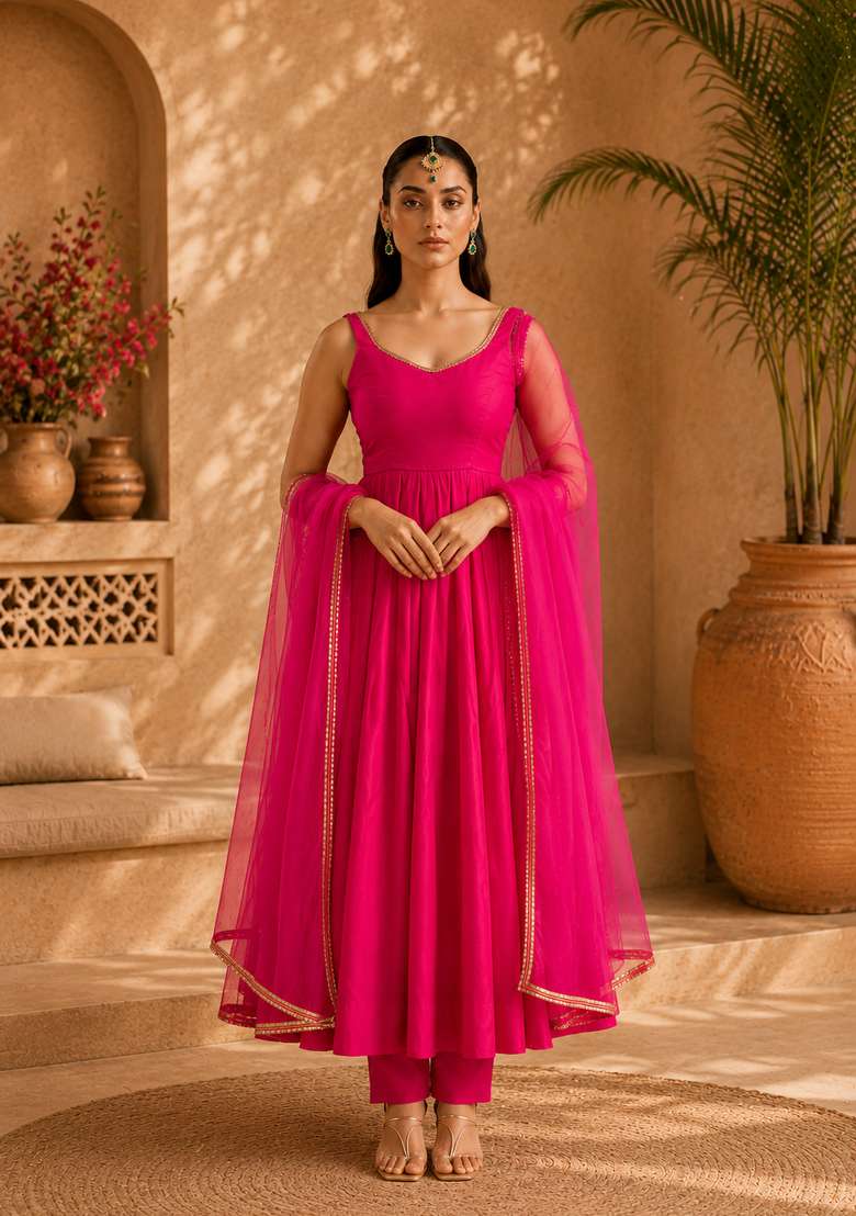 Pink Lace Work Chanderi Sharara Set - Indya