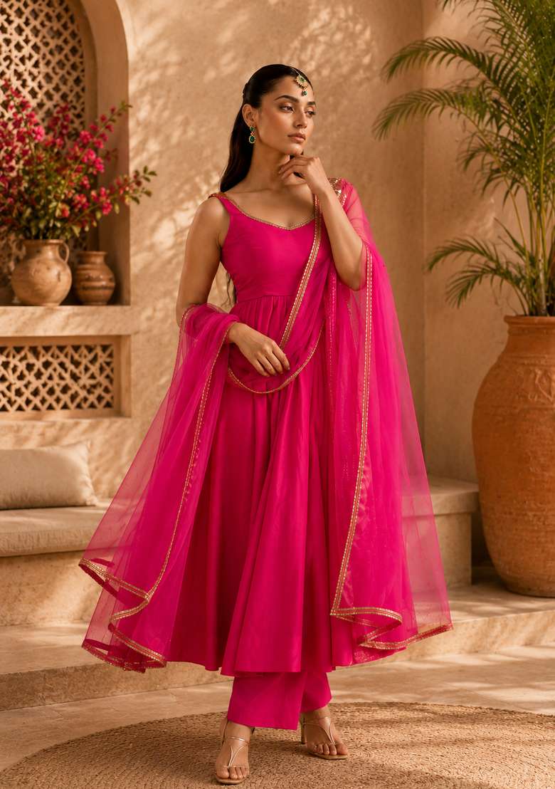Pink Lace Work Chanderi Sharara Set - Indya