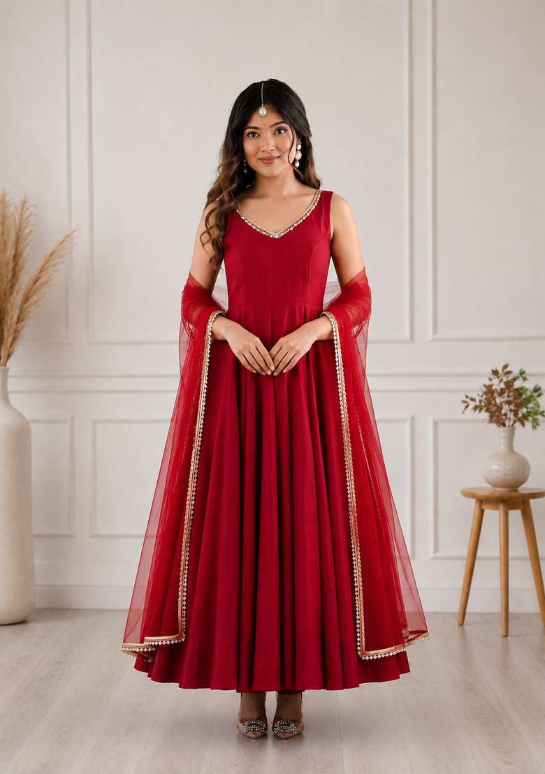 Red Lace Work Chanderi Sharara Set - Indya