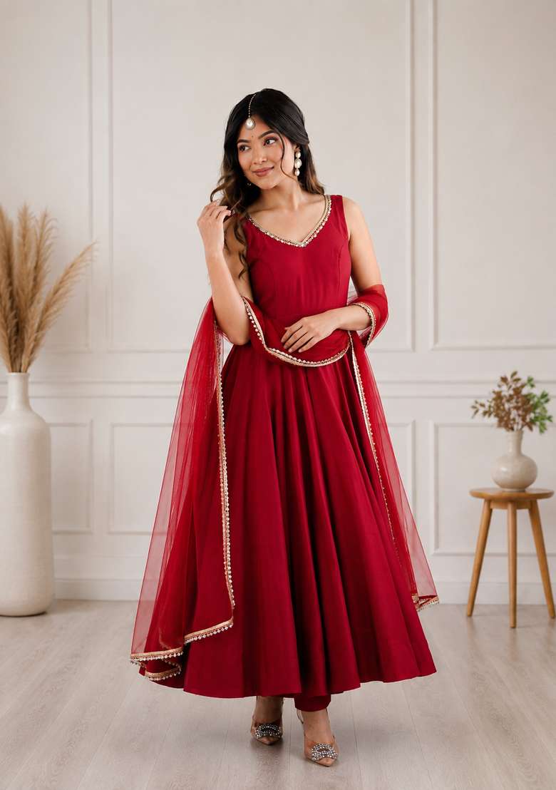 Red Lace Work Chanderi Sharara Set - Indya