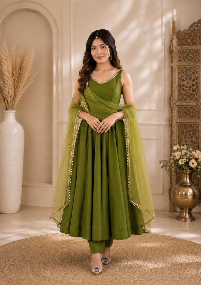 Mehendi Lace Work Chanderi Sharara Set - Indya