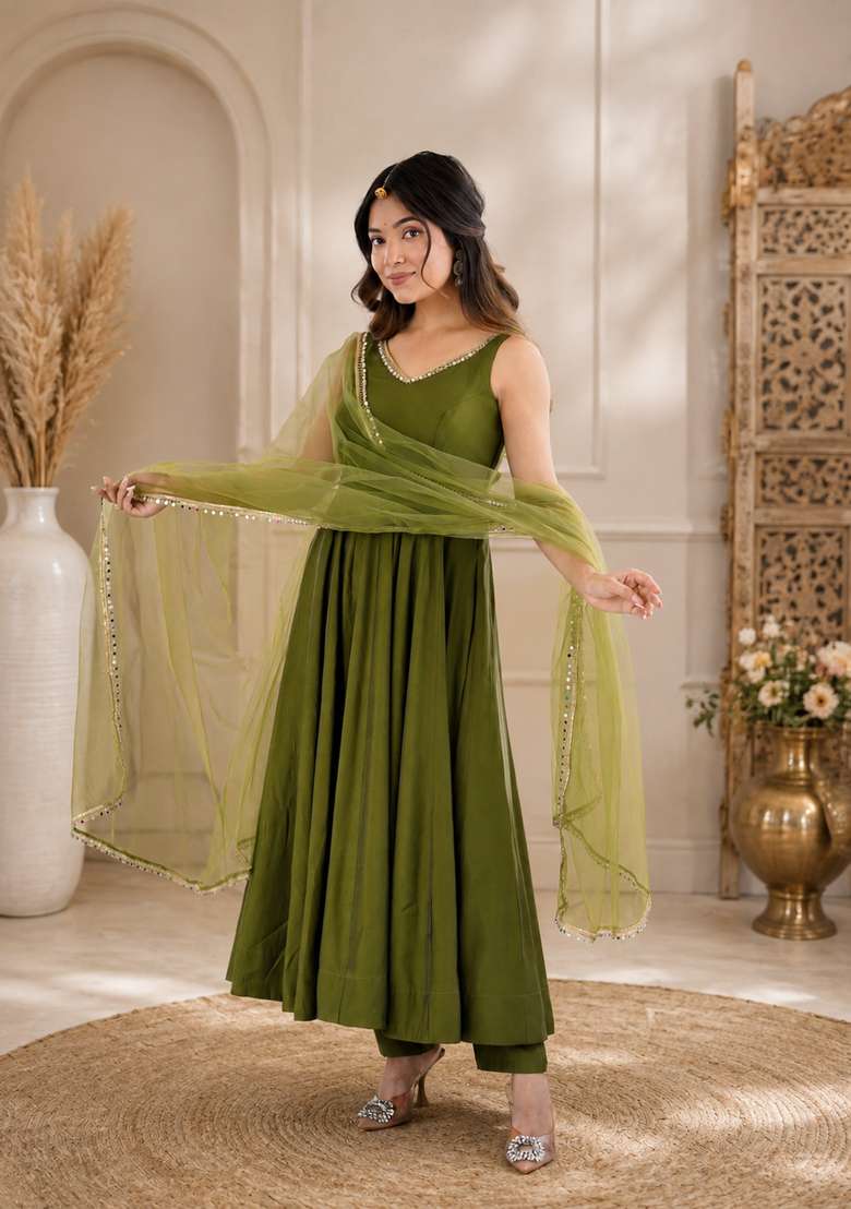Mehendi Lace Work Chanderi Sharara Set - Indya