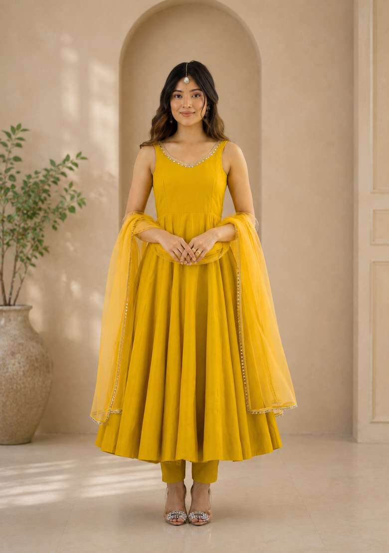 Yellow Lace Work Chanderi Sharara Set - Indya
