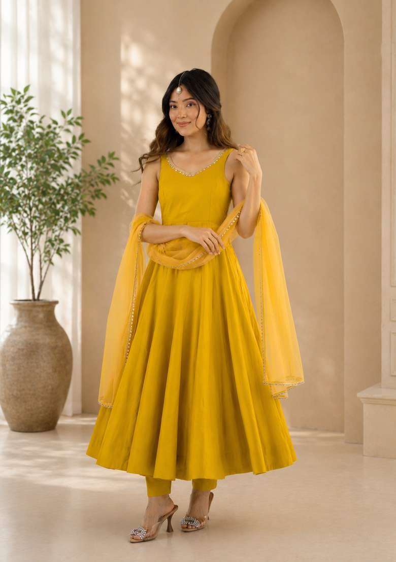 Yellow Lace Work Chanderi Sharara Set - Indya