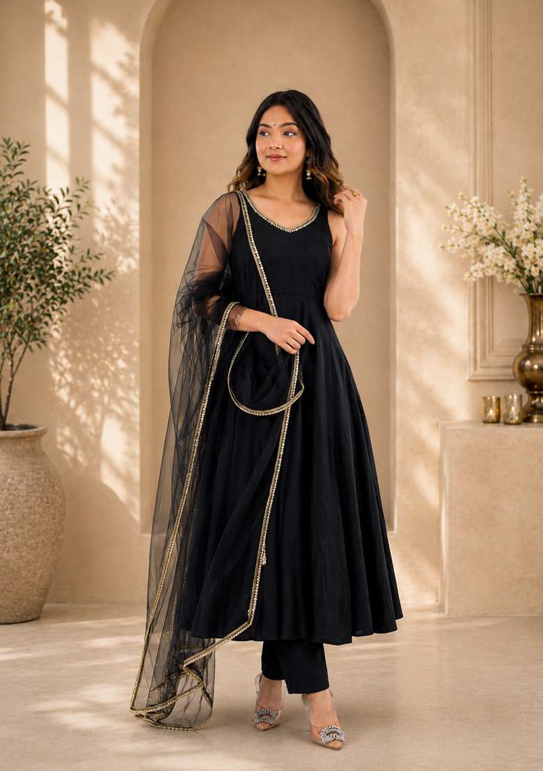 Black Lace Work Chanderi Sharara Set - Indya