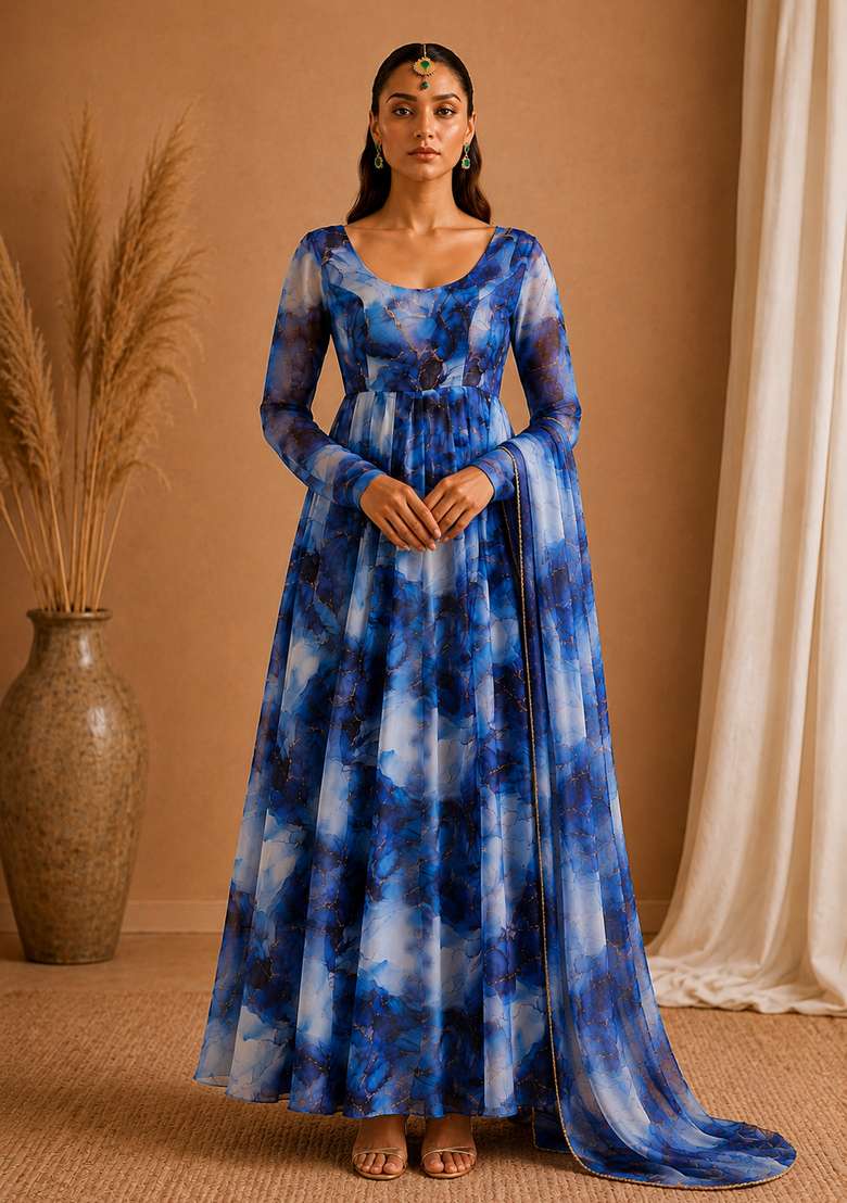Navy Blue Printed Silk Sharara Set - Indya