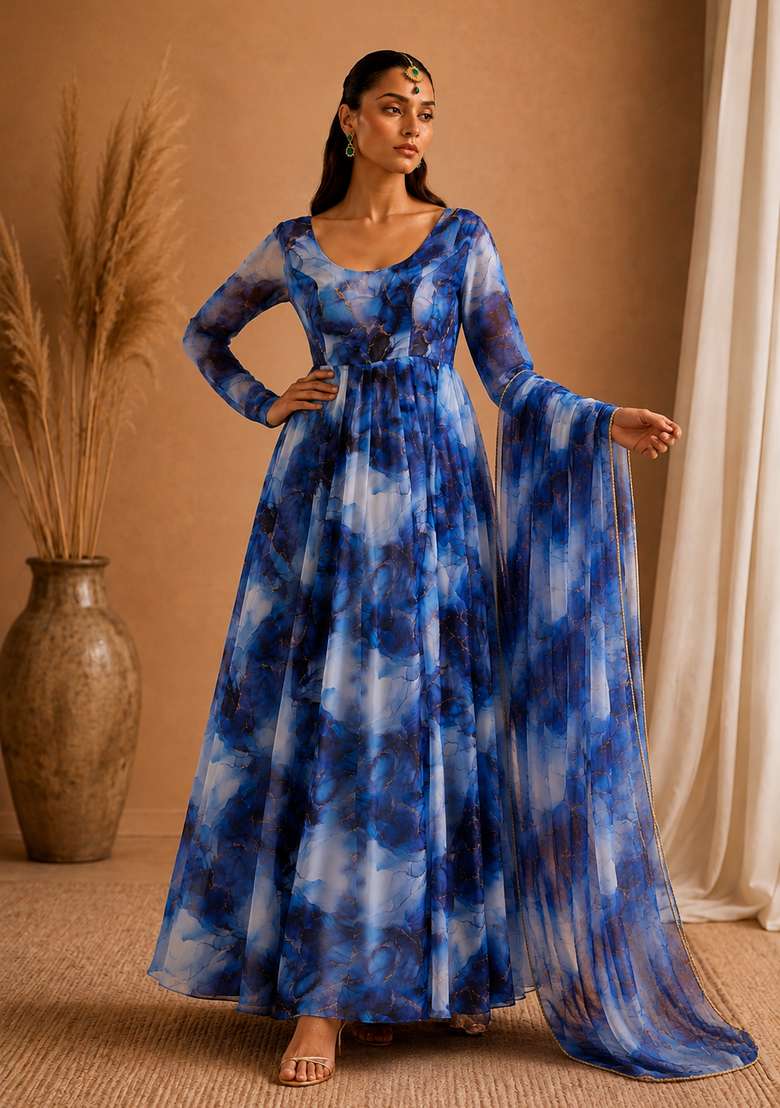Navy Blue Printed Silk Sharara Set - Indya