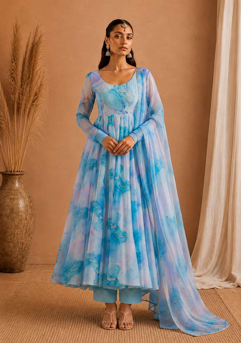 Sky Blue Printed Silk Sharara Set - Indya