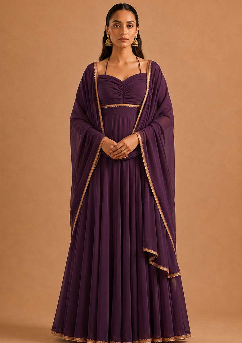Purple Plain Georgette Sharara Set - Indya