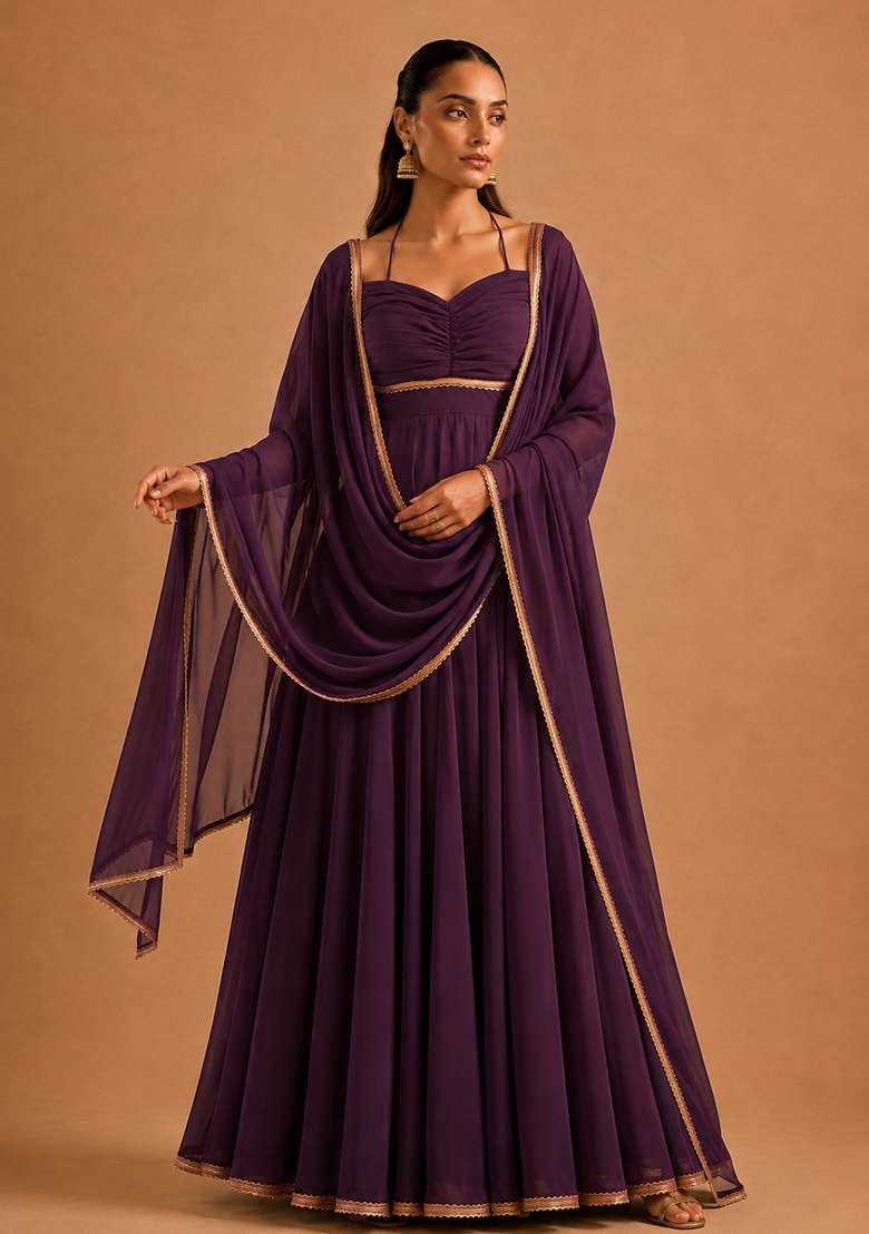 Purple Plain Georgette Sharara Set - Indya