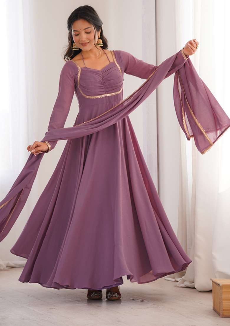 Dusty Mauve Plain Georgette Sharara Set - Indya