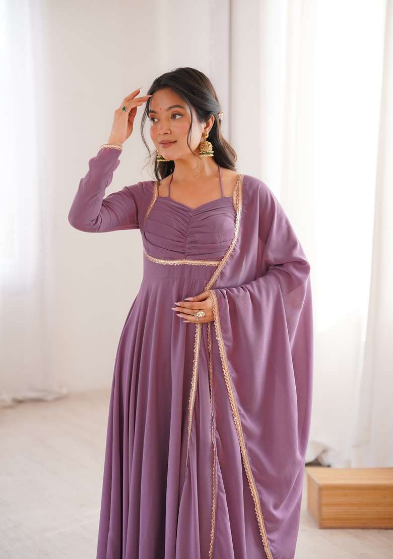 Dusty Mauve Plain Georgette Sharara Set - Indya