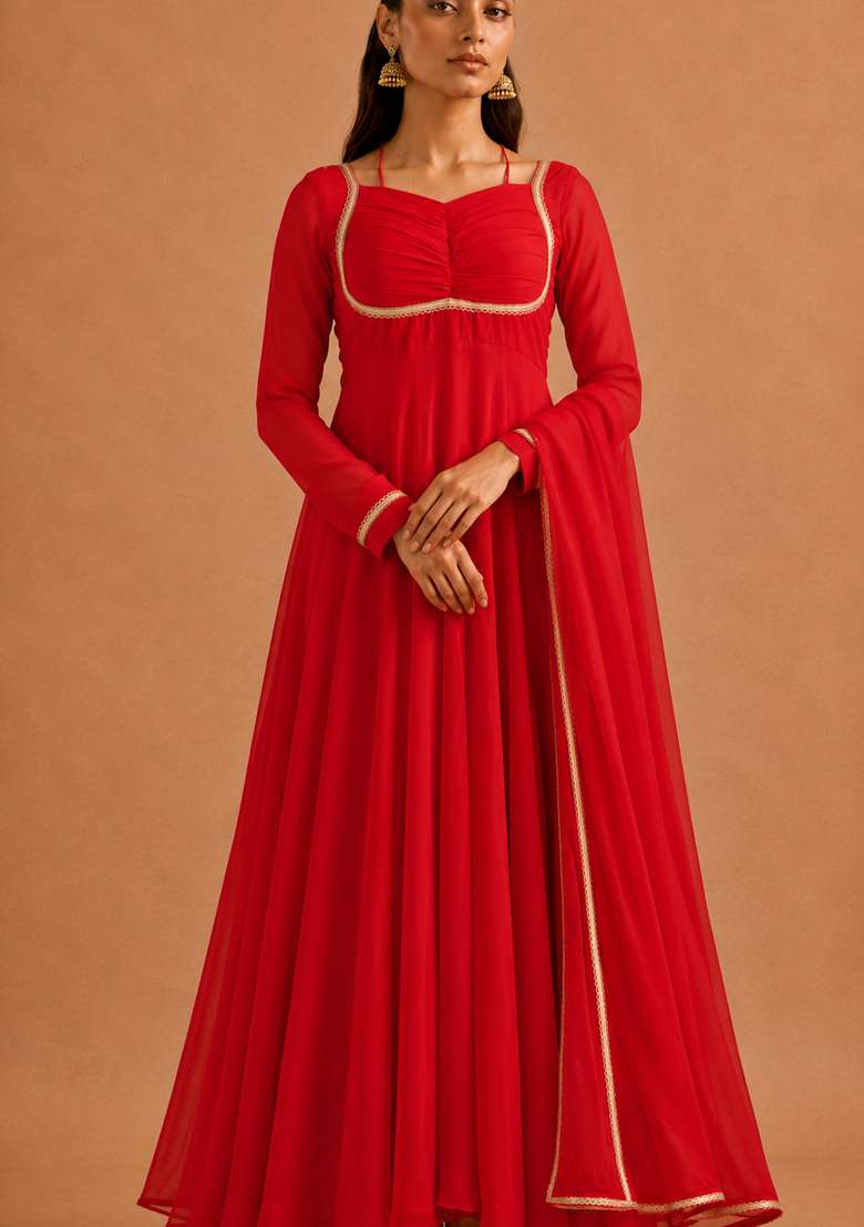 Red Plain Georgette Sharara Set - Indya