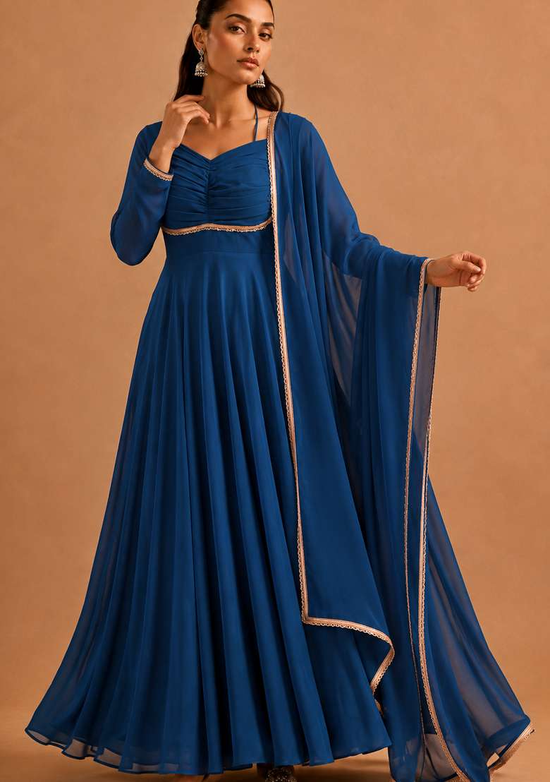 Teal Blue Plain Georgette Sharara Set - Indya
