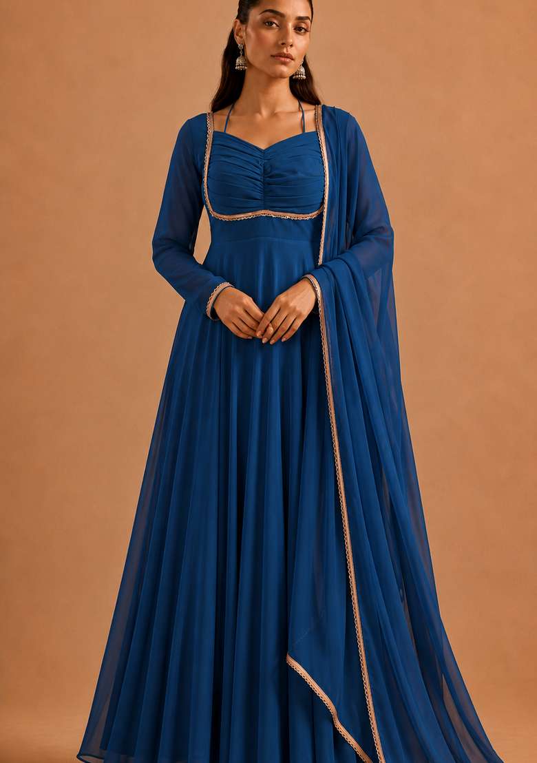 Teal Blue Plain Georgette Sharara Set - Indya