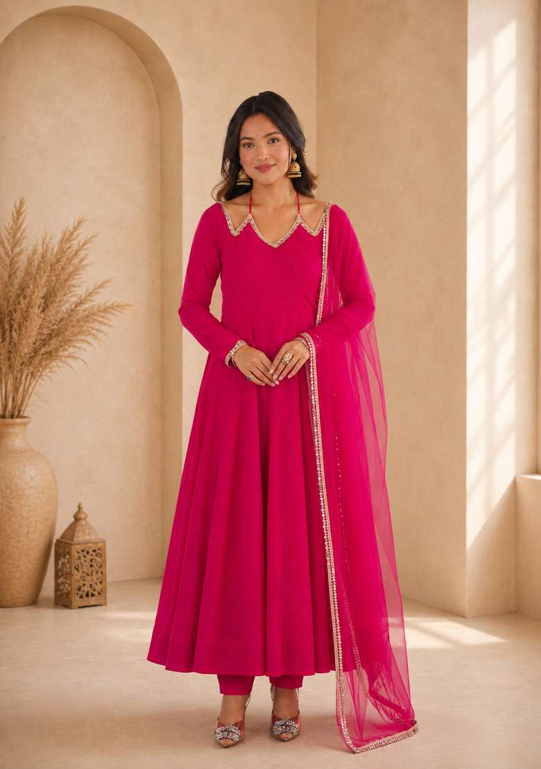 Dark Pink Plain Chanderi Sharara Set - Indya