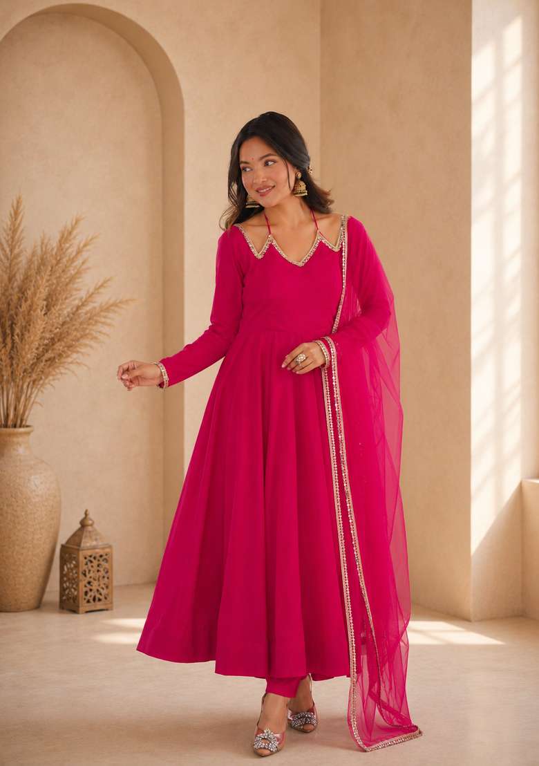 Dark Pink Plain Chanderi Sharara Set - Indya