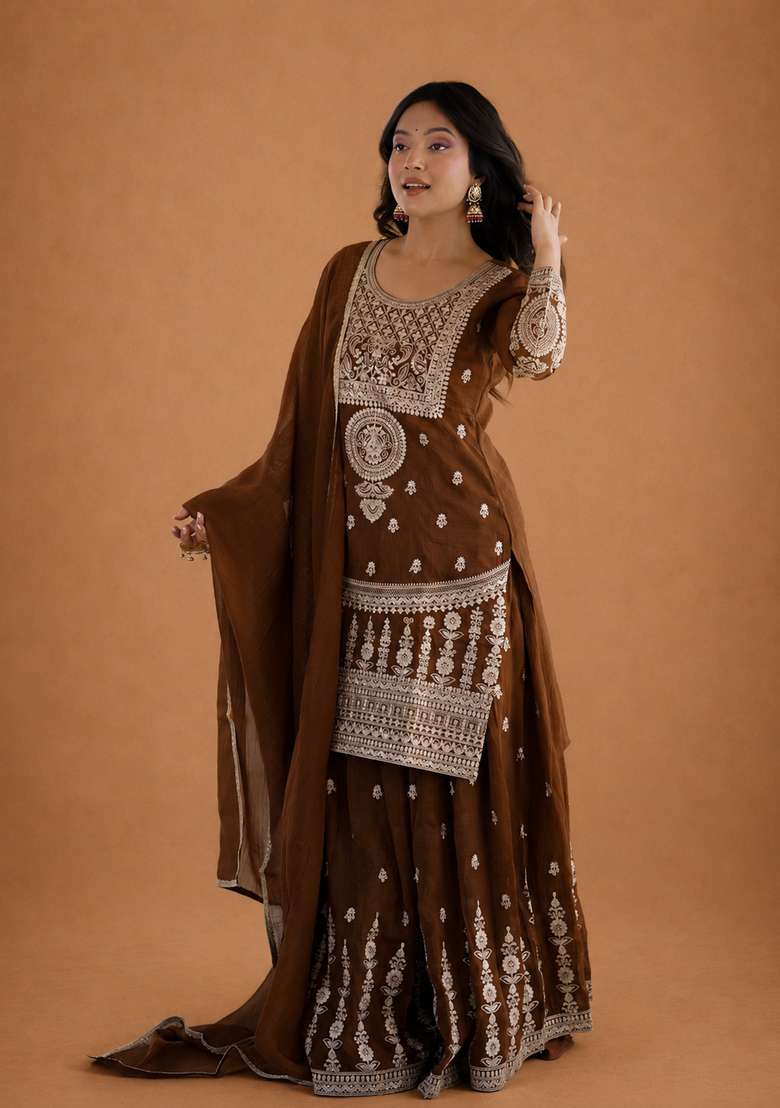 Dark Brown Embroidery Silk Sharara Set - Indya