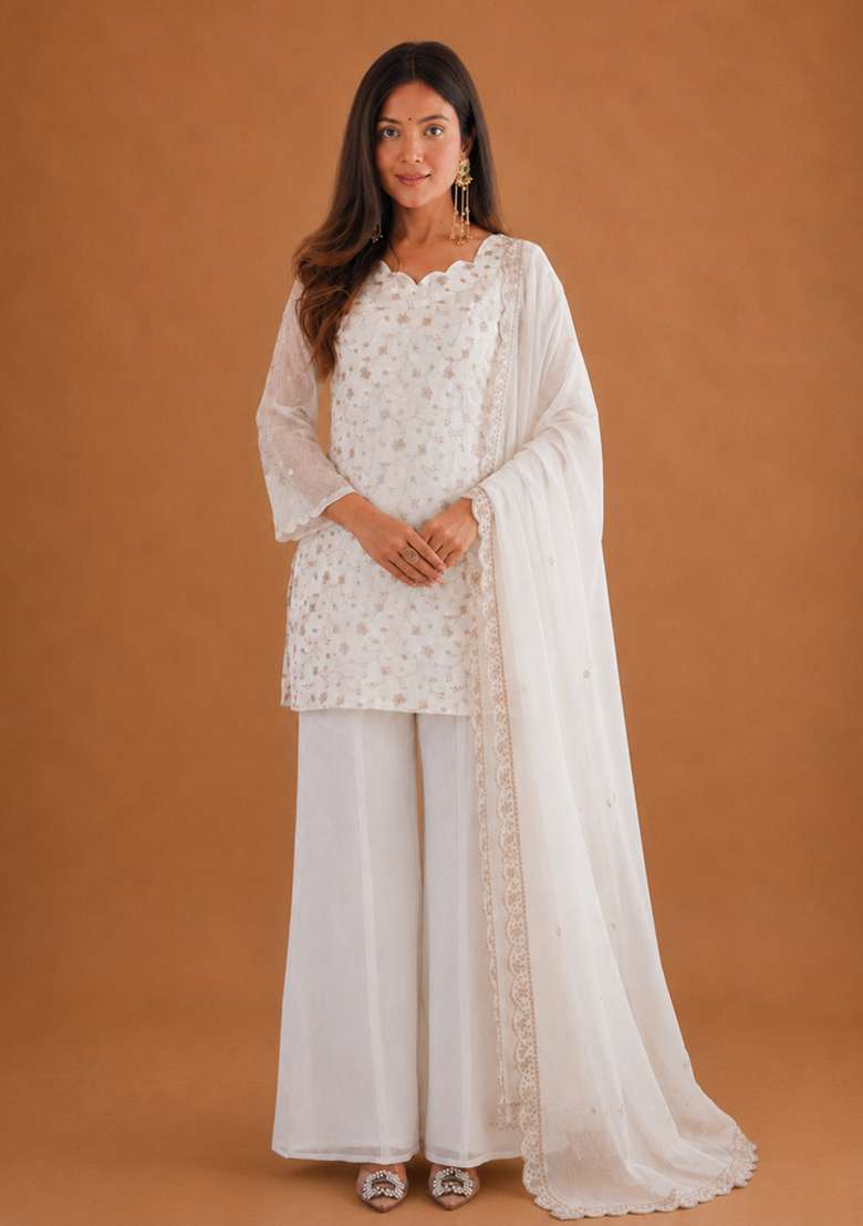 Off White Embroidery Silk Sharara Set - Indya