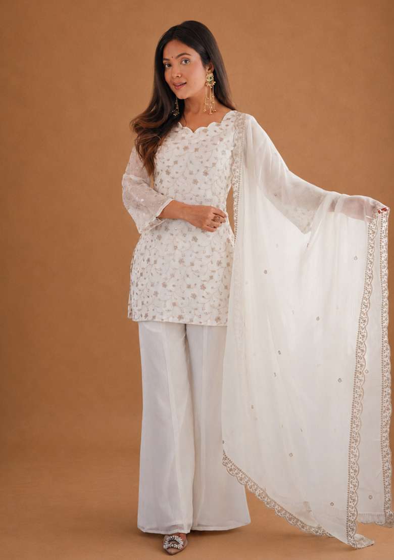 Off White Embroidery Silk Sharara Set - Indya