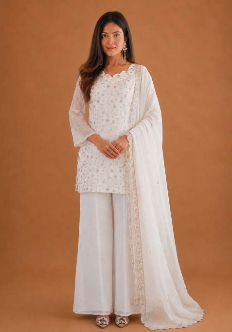Off White Embroidery Silk Sharara Set