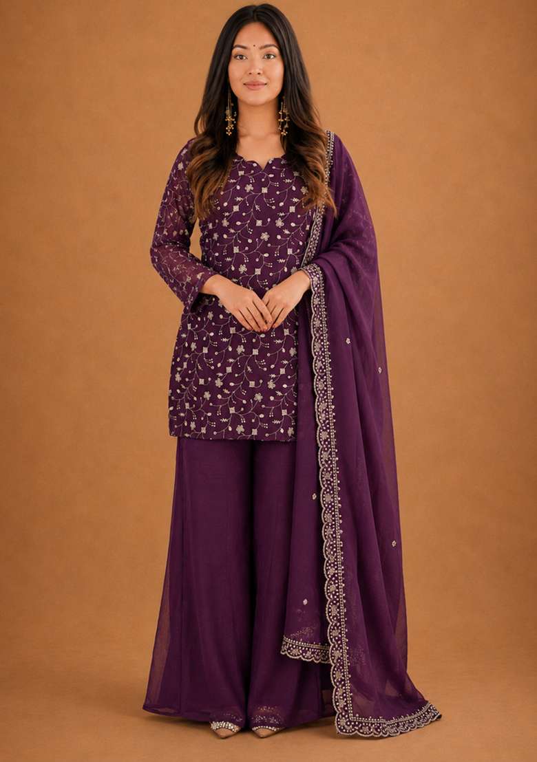 Wine Embroidery Silk Sharara Set - Indya