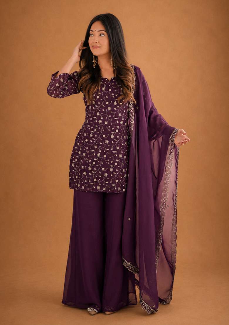 Wine Embroidery Silk Sharara Set - Indya