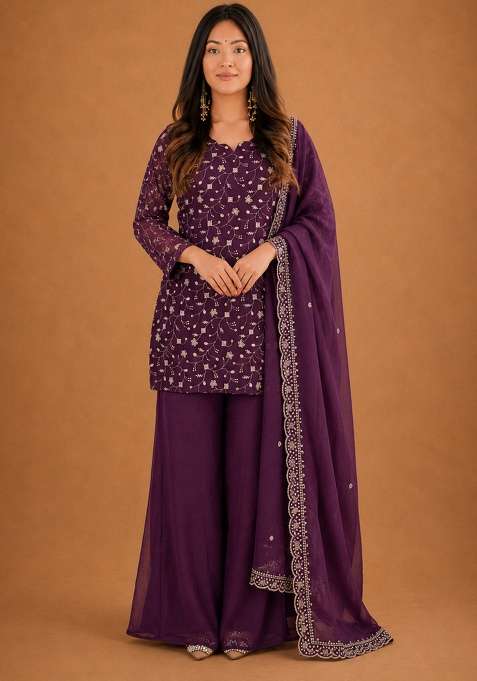 Wine Embroidery Silk Sharara Set