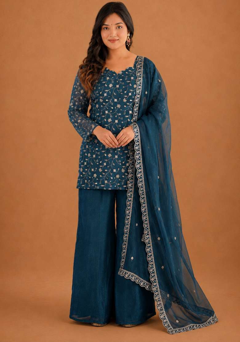 Teal Embroidery Silk Sharara Set - Indya