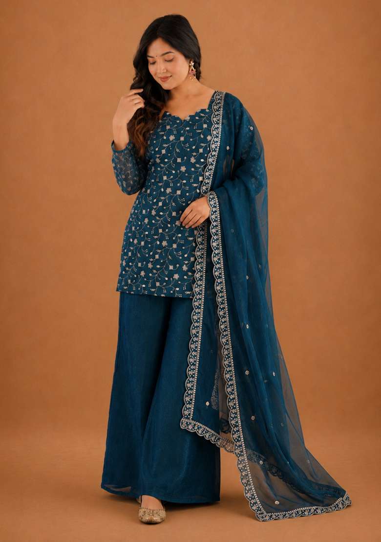 Teal Embroidery Silk Sharara Set - Indya