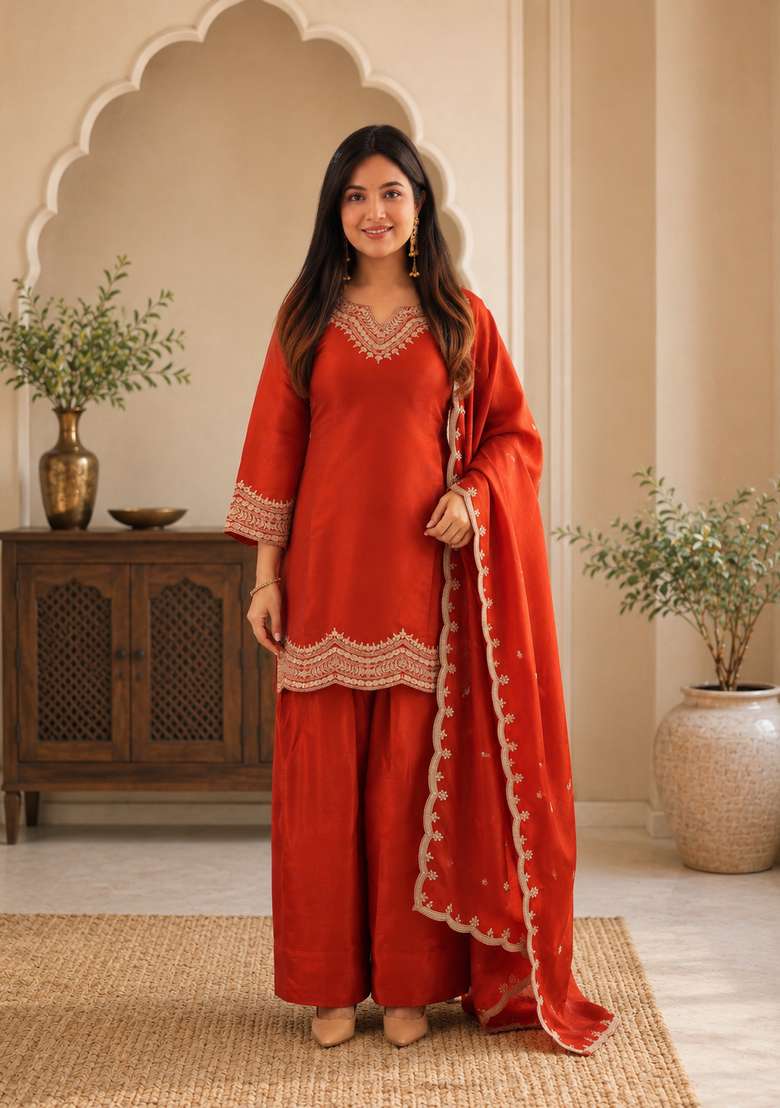 Rust Orange Embroidery Silk Sharara Set - Indya