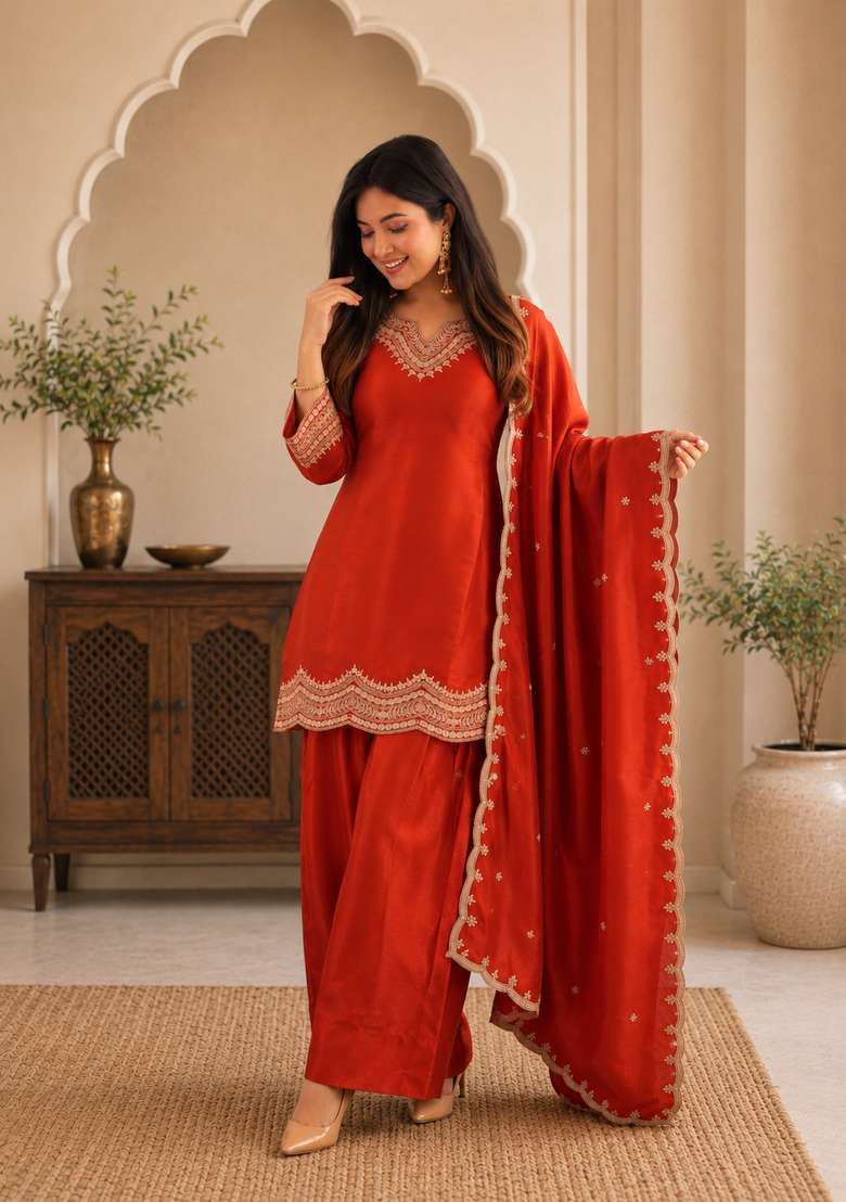 Rust Orange Embroidery Silk Sharara Set - Indya