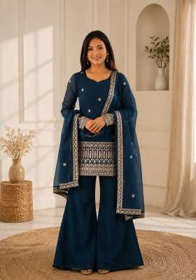 Navy Blue Embroidery Silk Sharara Set