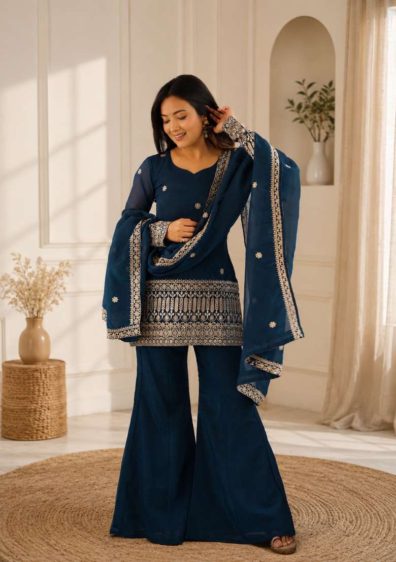 Navy Blue Embroidery Silk Sharara Set - Indya