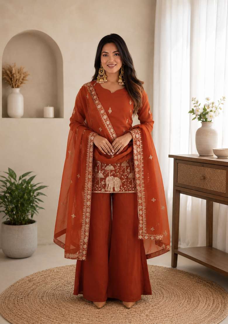 Rust Orange Embroidery Silk Sharara Set - Indya
