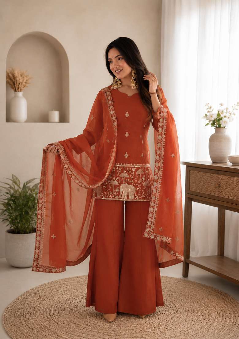Rust Orange Embroidery Silk Sharara Set - Indya