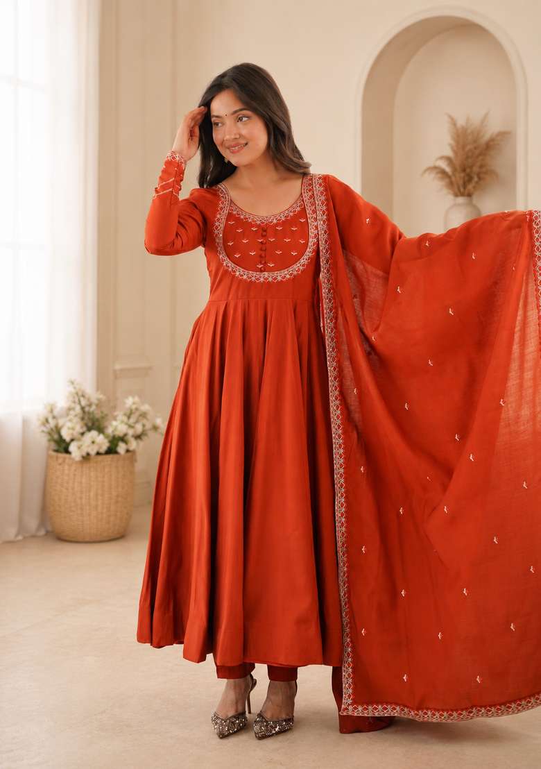 Rust Orange Chanderi Sharara Set - Indya