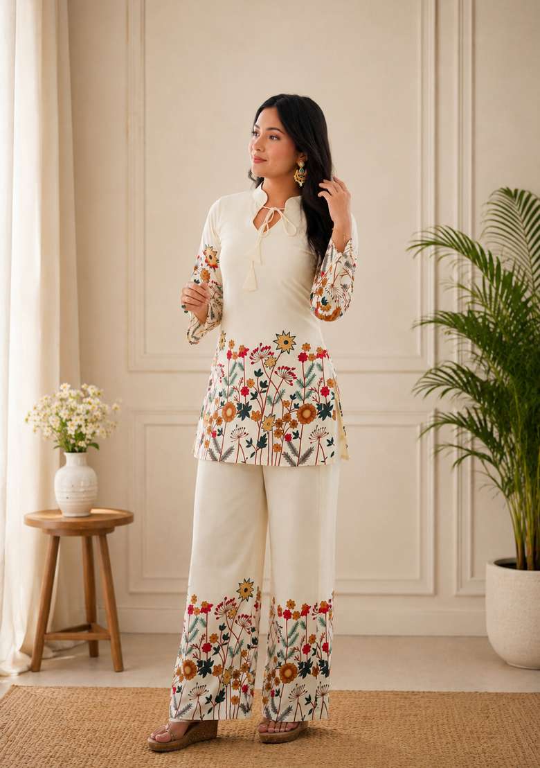 White Printed Cotton Sharara Set - Indya