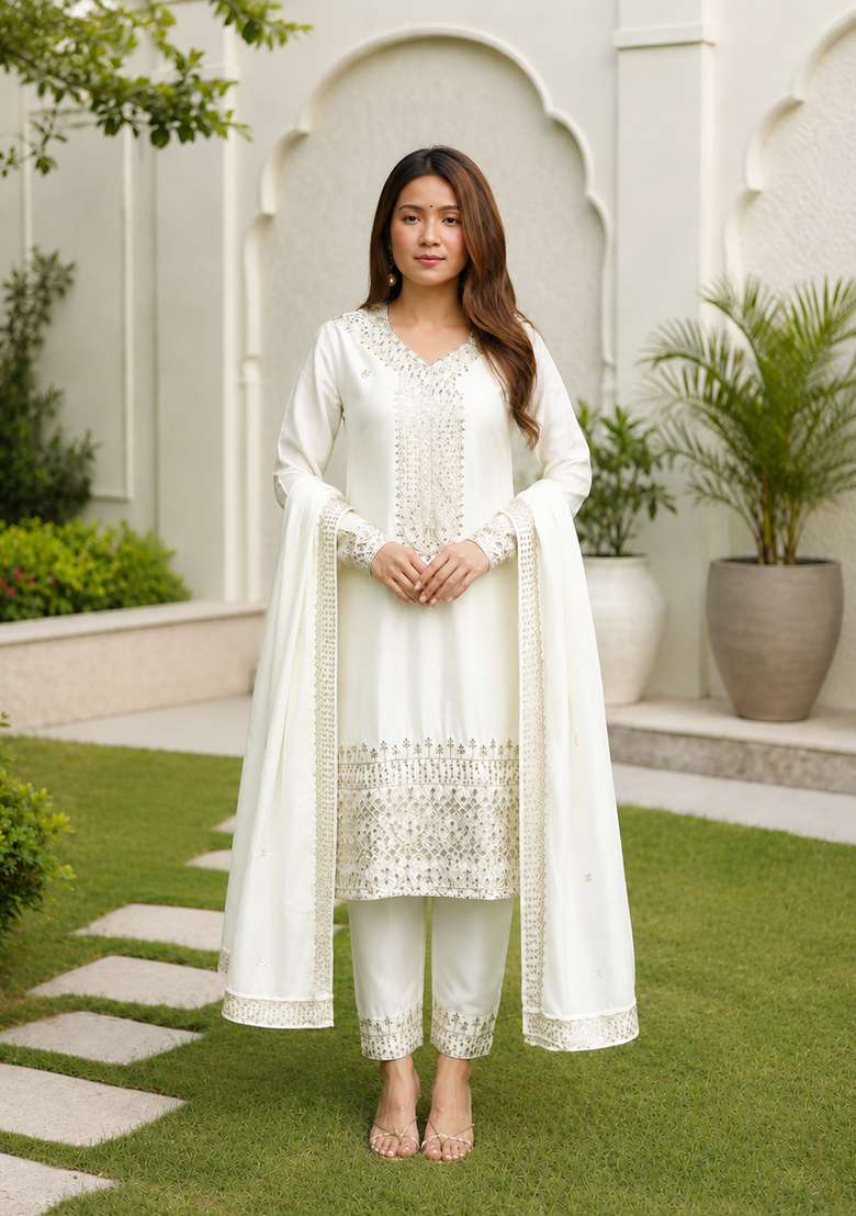 Off White Embroidered Silk Sharara Set - Indya