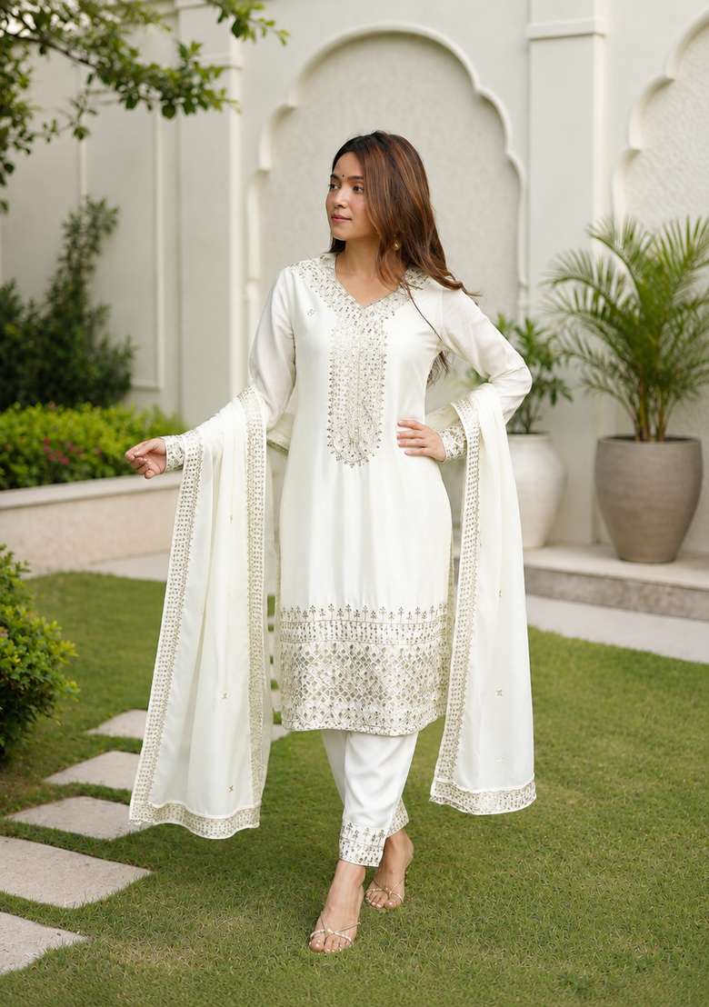 Off White Embroidered Silk Sharara Set - Indya